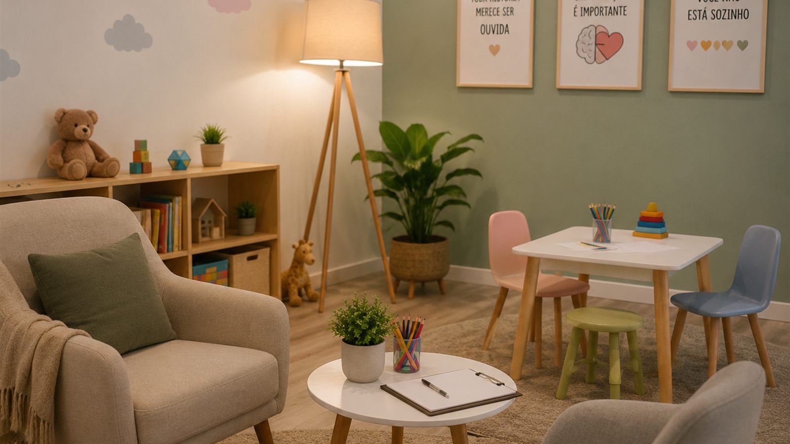 Sala de atendimento infantil da Natalia Porto: poltrona, tapete, estante de livros e brinquedos e mesinha com lápis de cor